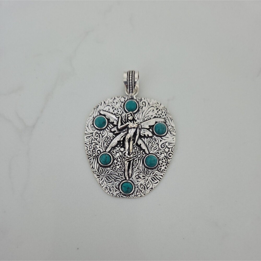 Whimsigoth Fairy Silvertone and Faux Tourquoise Necklace Pendant